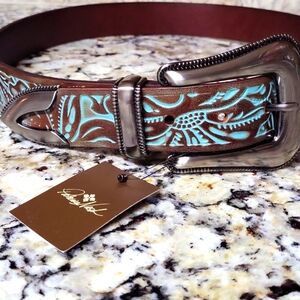 Patricia Nash Tooled Turquoise Rowan Belt Small